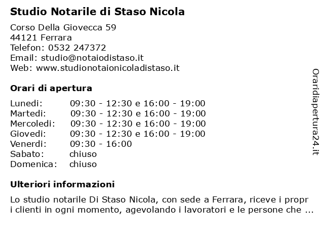 Orari di apertura Studio Notarile di Staso Nicola Corso